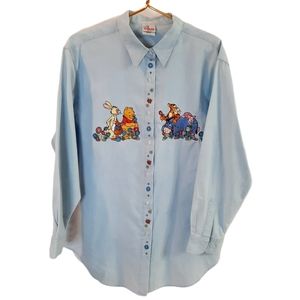 Disney Winnie The Pooh Embroidered Denim Button Front Shirt size Large Oversized